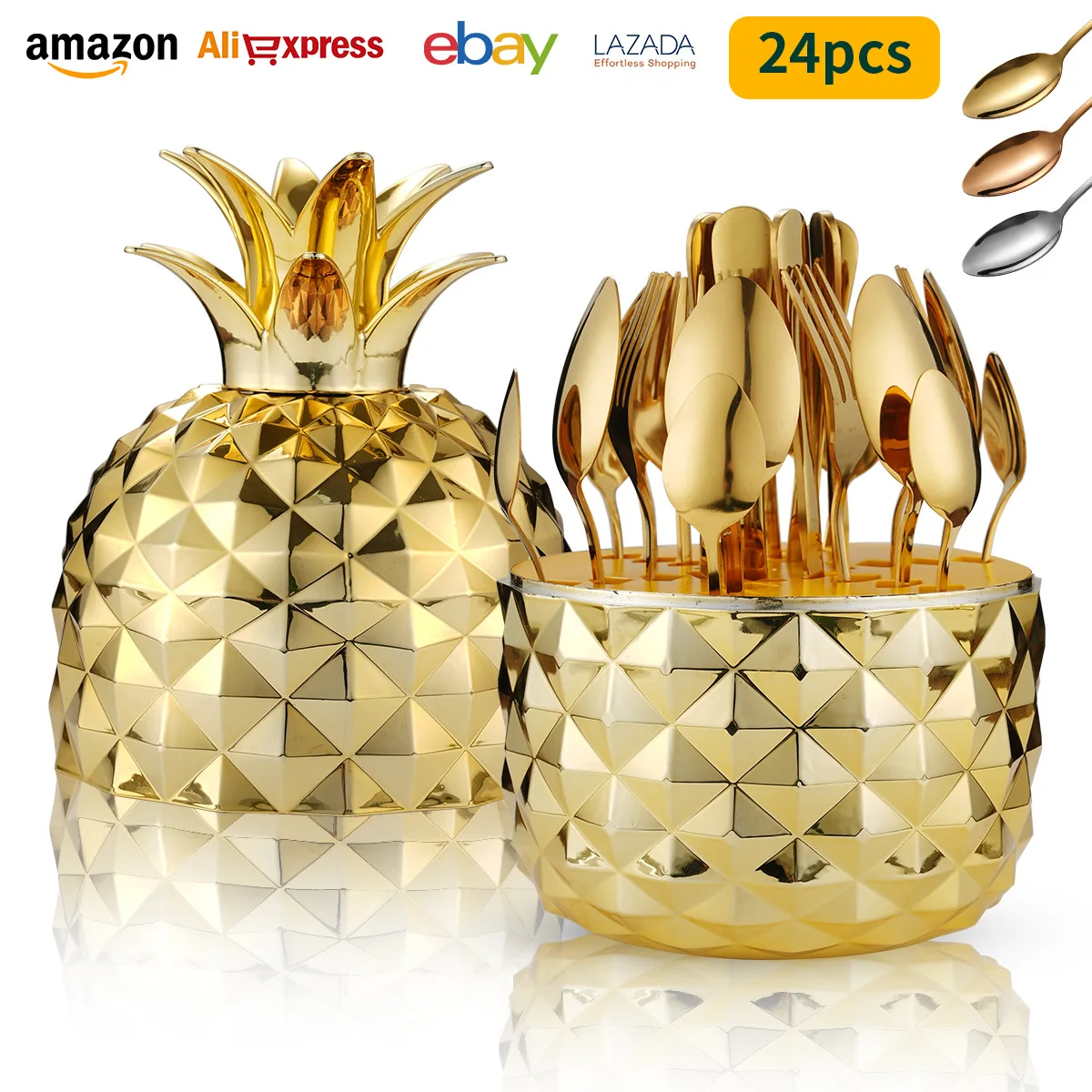 Source Factory High-end New Hot Pineapple ABS Shell Mood Egg Stainless Steel Tableware 24 Sets Western Knife Fork and Spoon Set