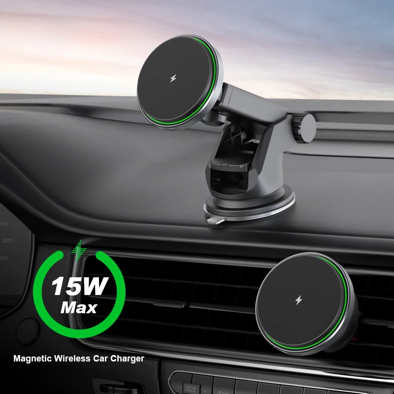 Middle Frame Circular LED Light 15w Magnetic Wireless Car Charger Aluminum Alloy New Black Mobile Phone Charging