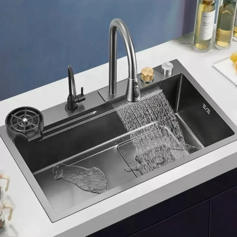 Modern Black 304 Stainless Steel Square Brushed Kitchen Sink Faucet Multifunction Waterfall Rainfall Single Bowl Set