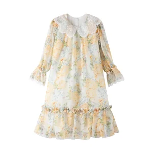 Elegant Ruffle Trimmed Floral Chiffon Dress for Little Girls 2-12 Years Long Sleeves Ruffled Hem Lace ODM