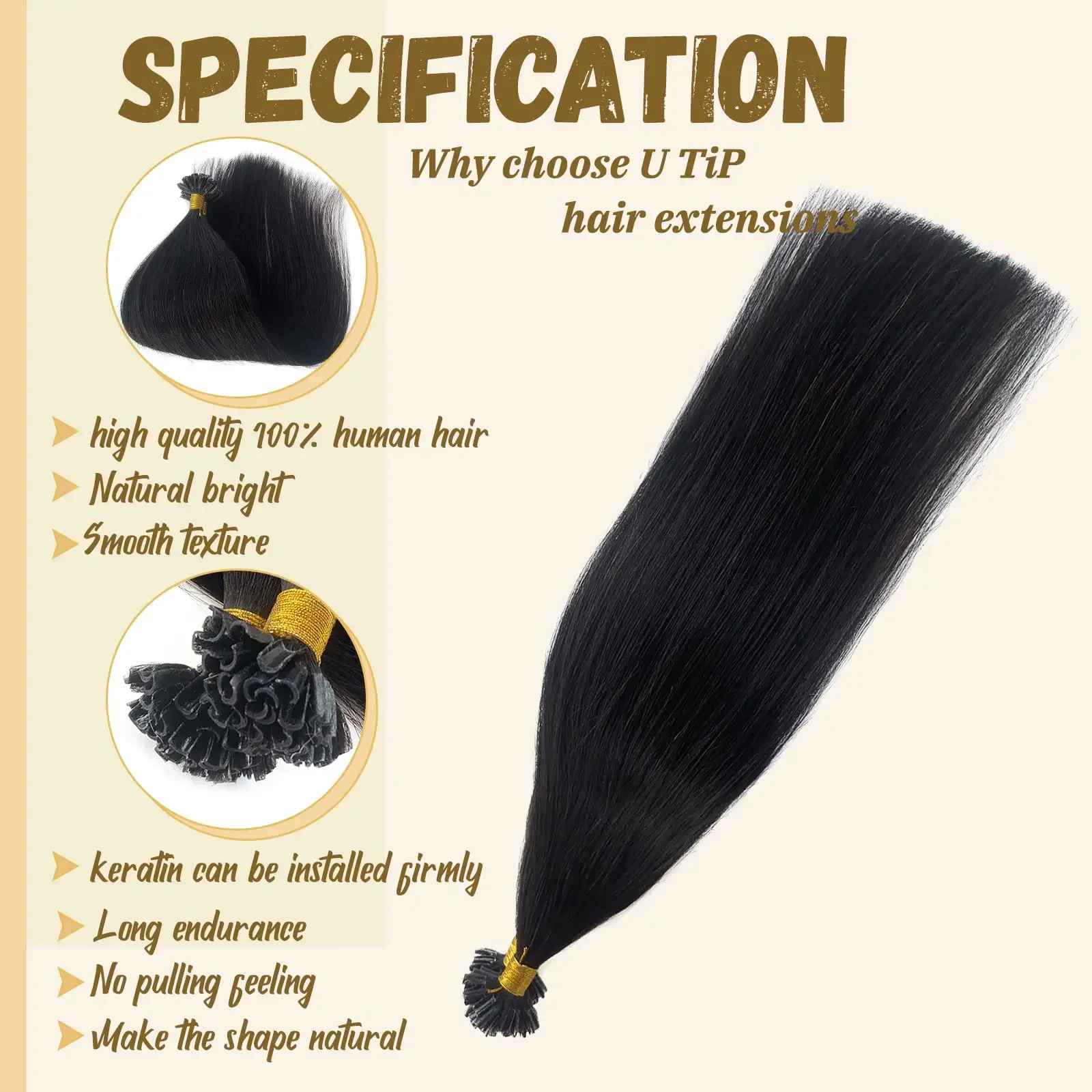 Gerade Keratin U-Tip Remy Echthaar-Extensions 50 Strähnen 50g natürliche Farbe_voghion.com