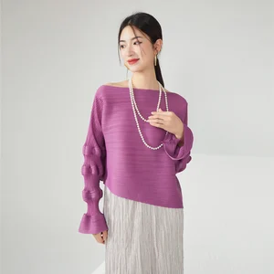 High Quality Miyake Women's Stretch Pleated Top Casual Loose Fit in Solid Colors Vintage Design for Spring/Summer