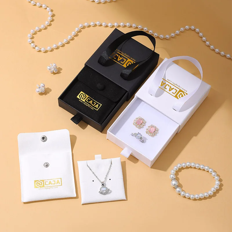 A1 Black Jewelry Packaging Set Canvas Bag Paper Bag Drawer Box Microfiber Bag Customizable Logo Jewelry Storage details