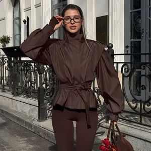 Cropped Trench Jacket With Belt Women Long Sleeve Zipper Button Windbreaker Coat Lady Autumn Winter Streetwear