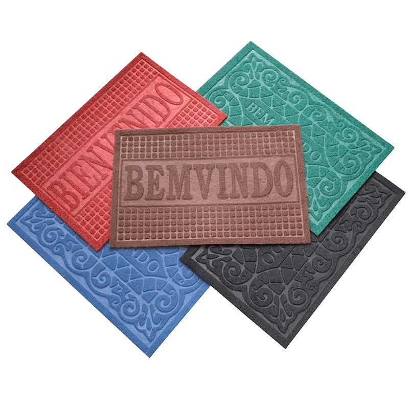 PVC backing velour embossed polyester door mats factory