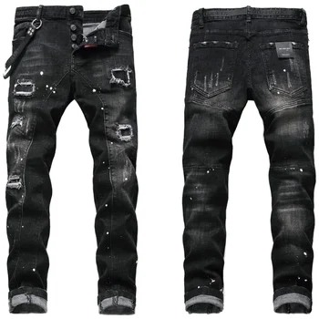 Men's Trendy Straight Jeans Broken Hole Scraped Style Light Washed with Paint Spatter Stretch Denim Trousers Hip Hop Fashion