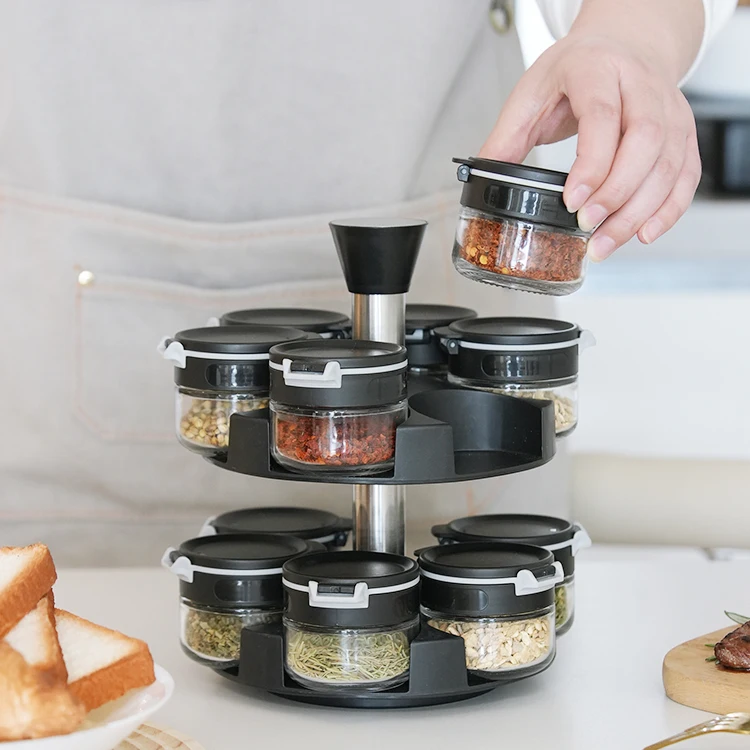 Черный Регулируемый органайзер для приправ вращающаяся стойка специй из нержавеющей стали со стеклянной бутылкой соли и перца в шкафу