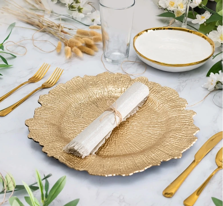 Wholesale 13 Inch 33cm Gold Reef Rim Charger Plates Plastic