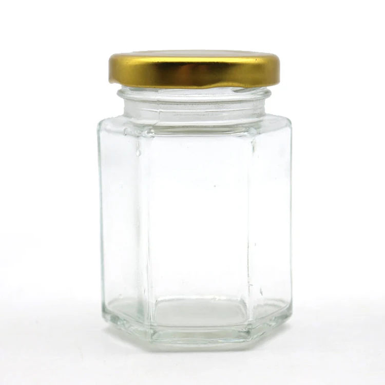 Custom 100ml 120ml Hex Food Jam Sauce Storage Glass Bottles Clear Hexagonal Glass Honey Jar with Tinplate Lid