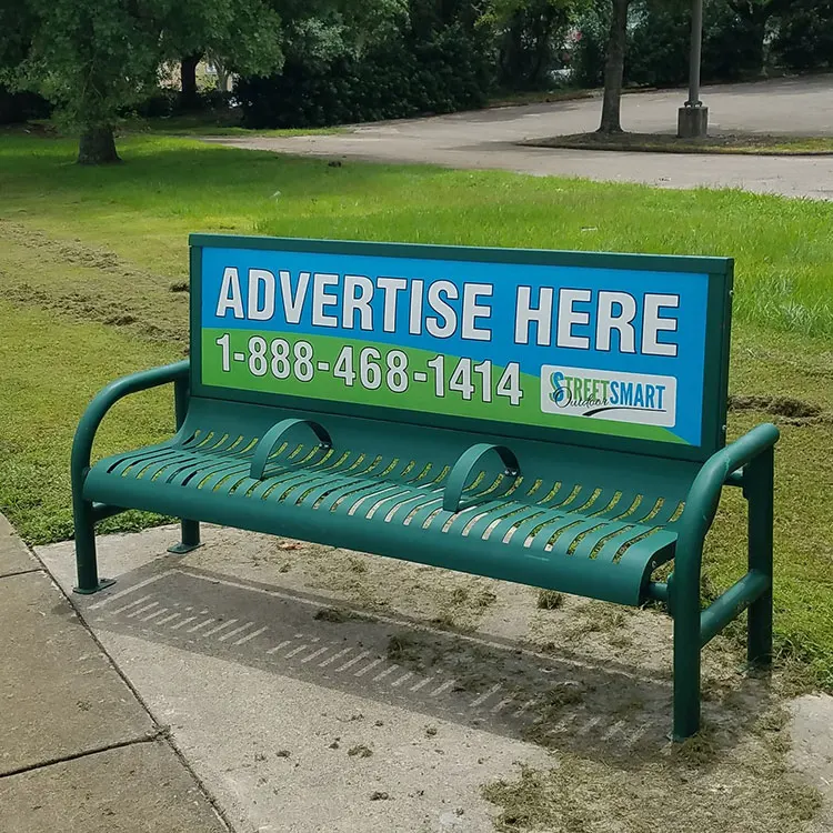 Outdoor Steel Advertising Bench with Armrest Urban Street Ad. Bench Outside Seats Metal 3 Seater Long Chair with Backrest