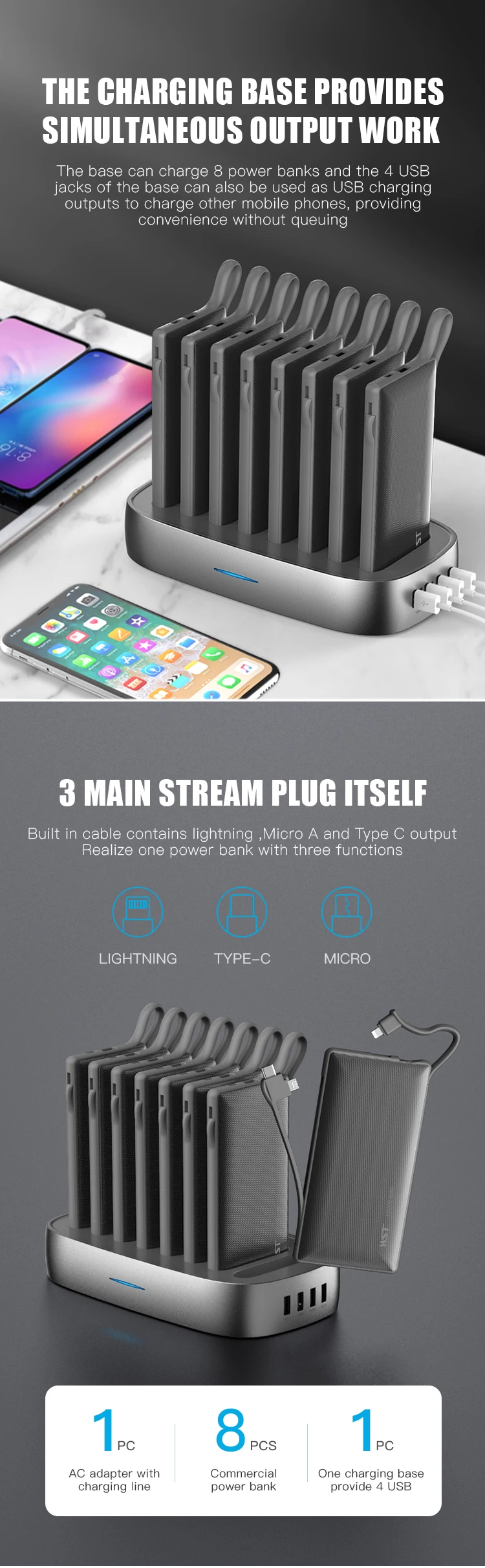 WST Public Sharing Power Bank Multi Power Bank Station 8 Pieces Universal Portable 10000mah Power Bank for Coffee Shop