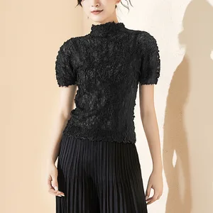 High Quality Women Pleated Tops Miyake Pleated Top Summer Fashion Design Women Pleated Shirts Ladies Tops Shirts Short Sleeves