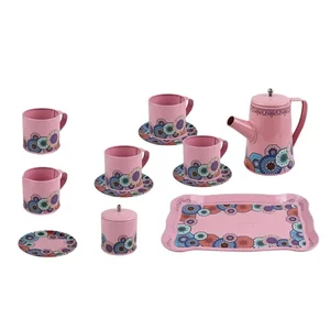 ITTL 12-Piece Colorful Flower Pattern Tea Set New Kitchen Pretend Toy for Girls Ages 5-14 Made of Metal