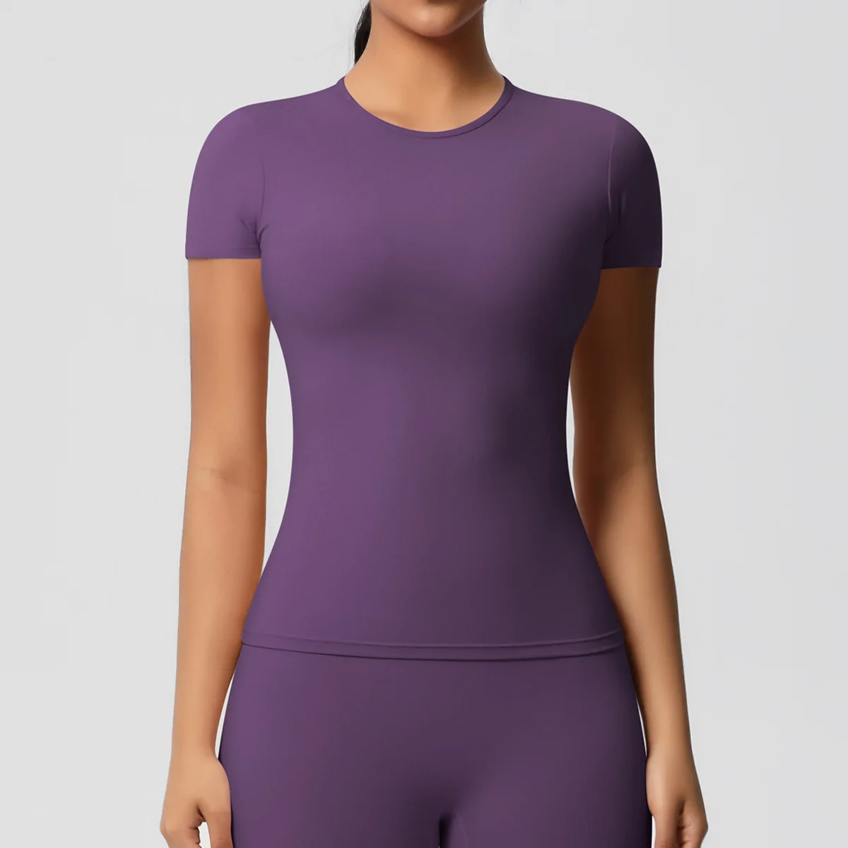 Stock Solid Color Double-sided Brushed Tight Breathable Spandex/Nylon Sports Short-sleev detail