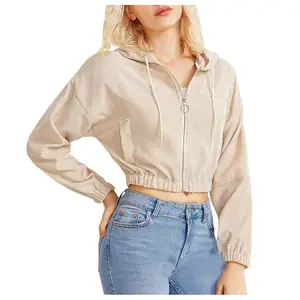 Wholesale Girls Crop Tops Casual Zip up Long Sleeve Women Corduroy Jacket Hoodies
