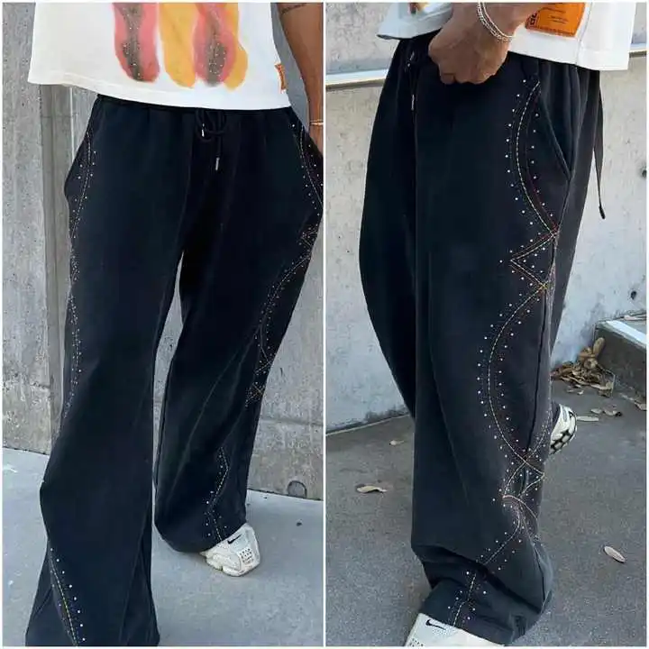 Custom Men Trackpants Jogger Track Straight Leg Baggy Embroidery Rhinestone Acid Wash Sweatpants Flared Sweat Pants With Pockets