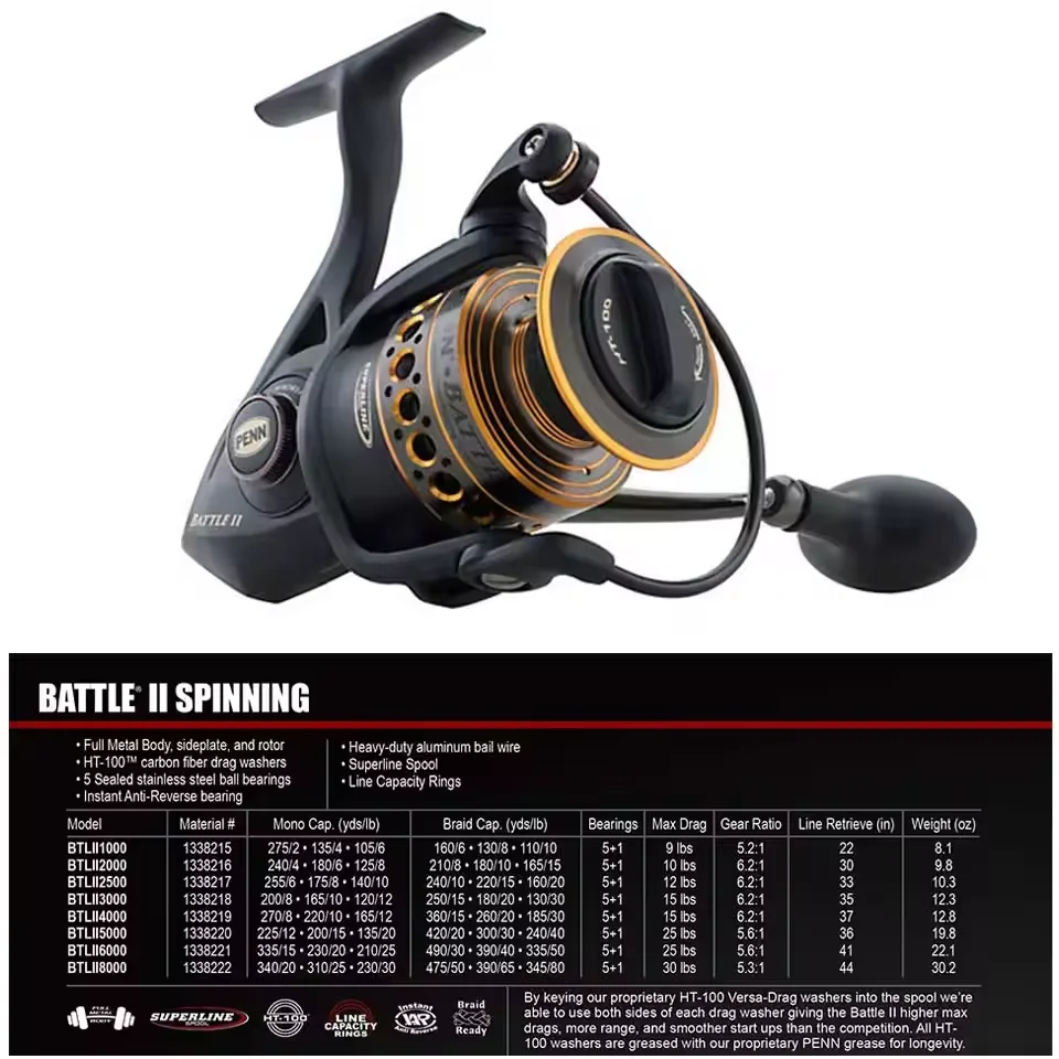 penn 1338218 battle ii spinning reel 3000 Fishing Reel PENN Brand BATTLE IV 3000-8000 Spinning Fishing Reel Carretes  De Pesca Full Metal Body Pre-Load Spinning Reel