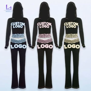 Huili Oem Black Slim Fit Lace Patchwork Two Piece Matching Set Custom logo Zip up Hooded Crop Top Loungewear Sets for Women