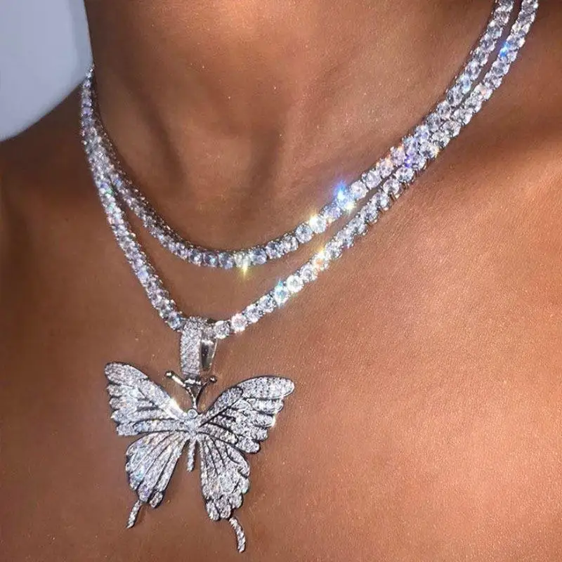 XL147 silver  women butterfly tennis necklace pendant hip hop Cuban charm crystal jewelry