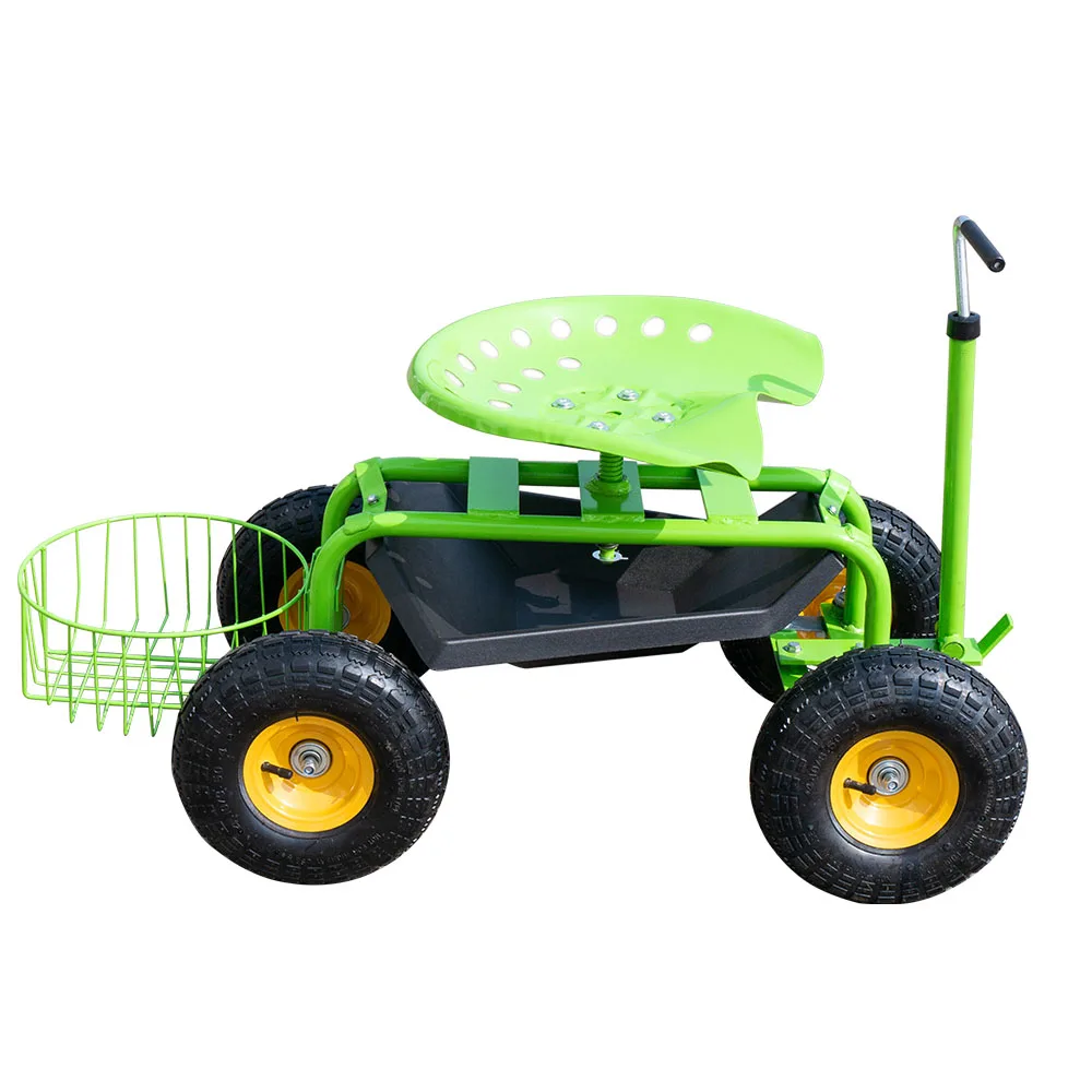 Heavy Duty Wheeled Garden Seat Hopper Gardening Work Cart Tool Storage