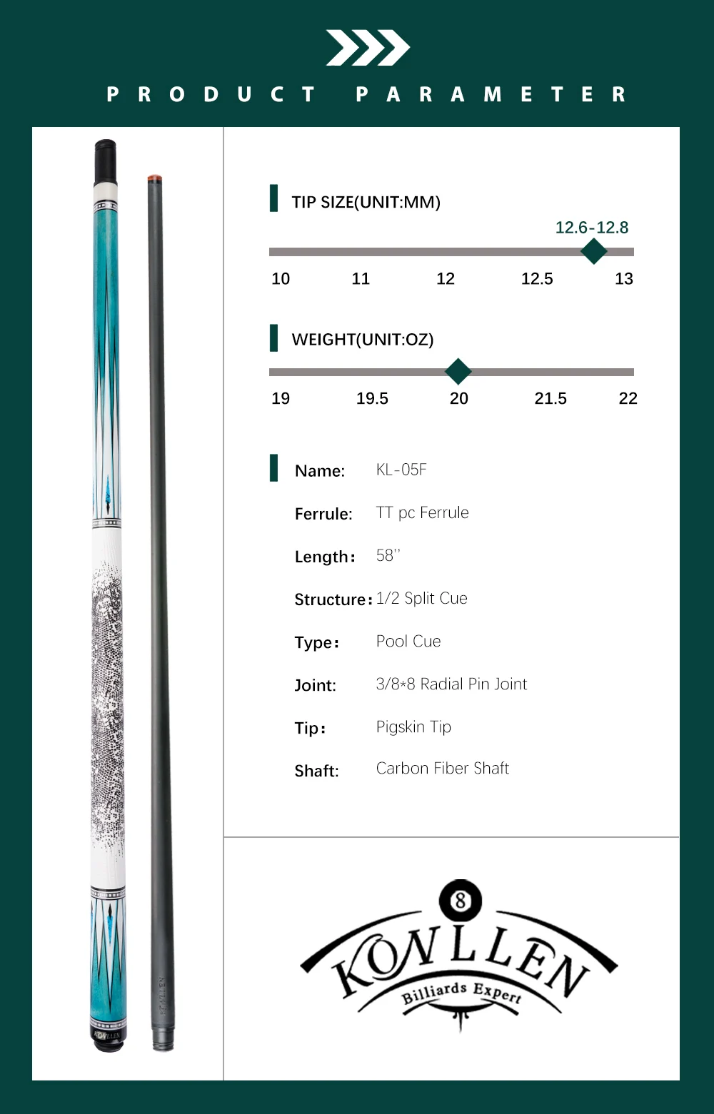 Konllen Carbon Fiber Pool Cue Stick Technology Shaft Embedded 4 Carbon