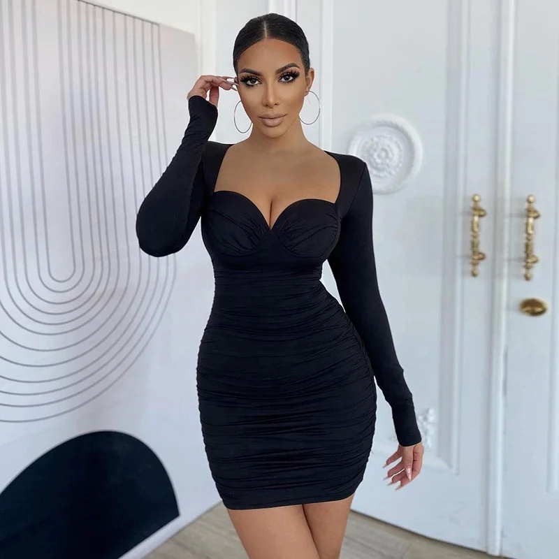 2022 Sexy Long Sleeve Dresses Plain 