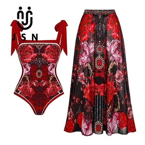 JSN Fashion Floral Bikini New Bowknot Tie Printed One Piece Swimsuit Summer Beach Wear Cover up Women High Waist Swimwear