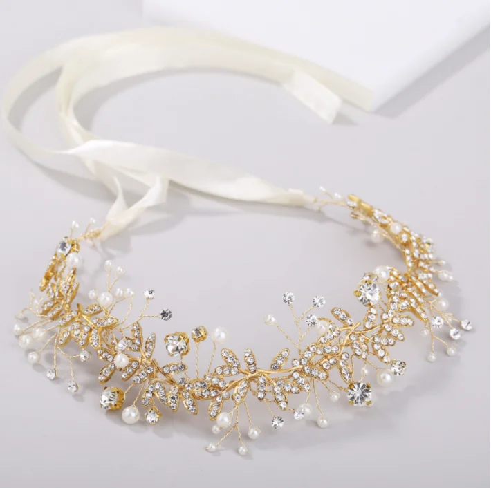 European Style Bridal Head Jewelry Bride Beading Crystal Pearl Flower Headpiece Tocado De Novia