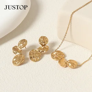 French Designer Jewelry Set Stainless Steel 18K Gold Plated Vintage Embossed Petals Stud Earrings and Necklace for Women