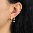 white blue fire opal bezel round opal gemstone drop cute lovely girl jewelry mini cz hoop charm earring
