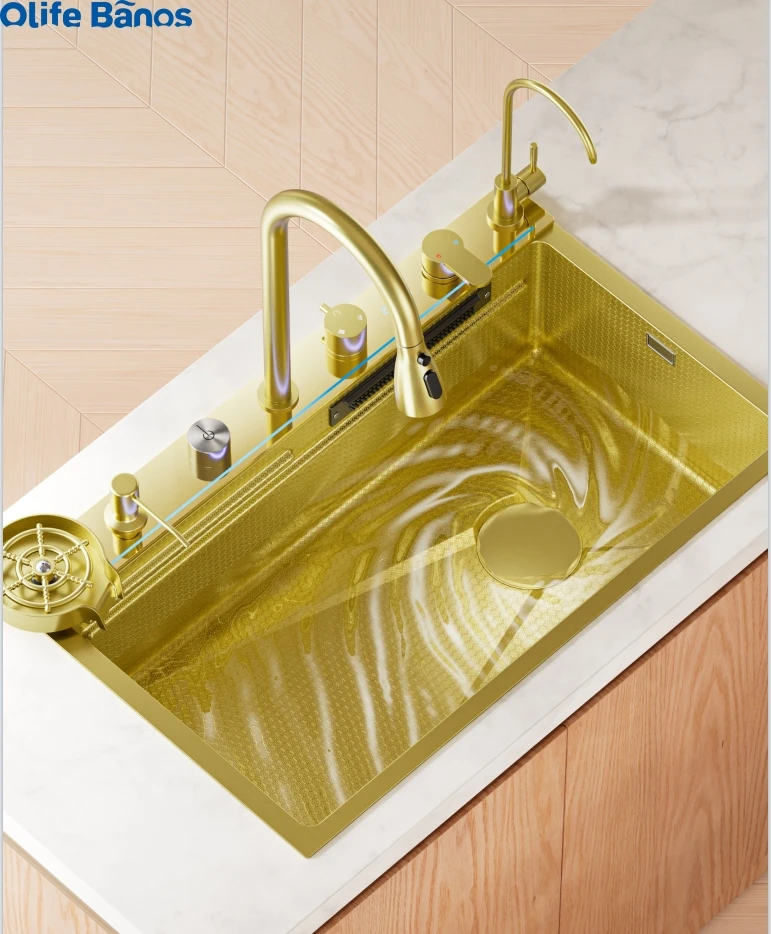 product newest design diy smart sus 304 digital display pull out  waterfall faucet multifunctional gold single bowl kitchen sink156-23