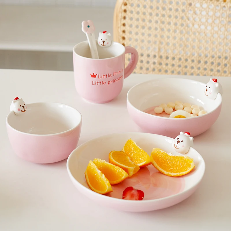 4 Pieces Girls Kids Ceramic Hand Painted Breakfast Set Bear Pink Mug Bowl Plate 