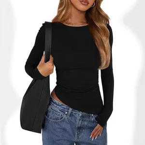 2025 Autumn Women's Long Sleeved Fashionable Round Neck Slim Asymmetric T-shirt