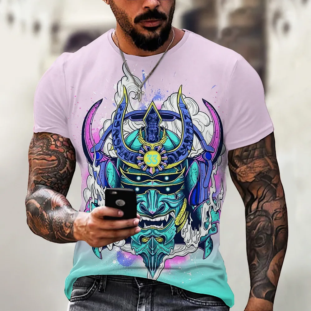 Cross Border Japanese Style Harajuku Samurai Tattoo Men's T-shirt Fashion Art Mask Round Neck Short Sleeved Punk Clothing