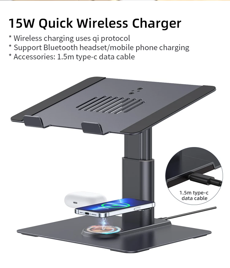 Image showcasing 15W Wireless Charger Laptop Elevator Stand - Adjustable & Stylish