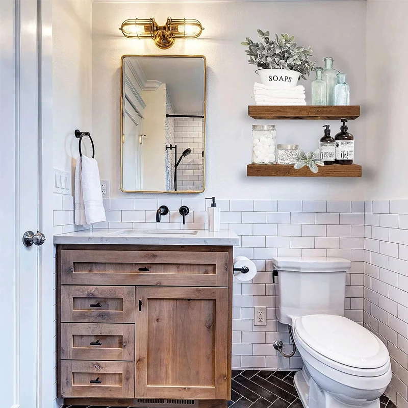 Bathroom Shelves Over Toilet, Small Floating Wall Shelf 2+1 Set 16 inch, Rustic Brown