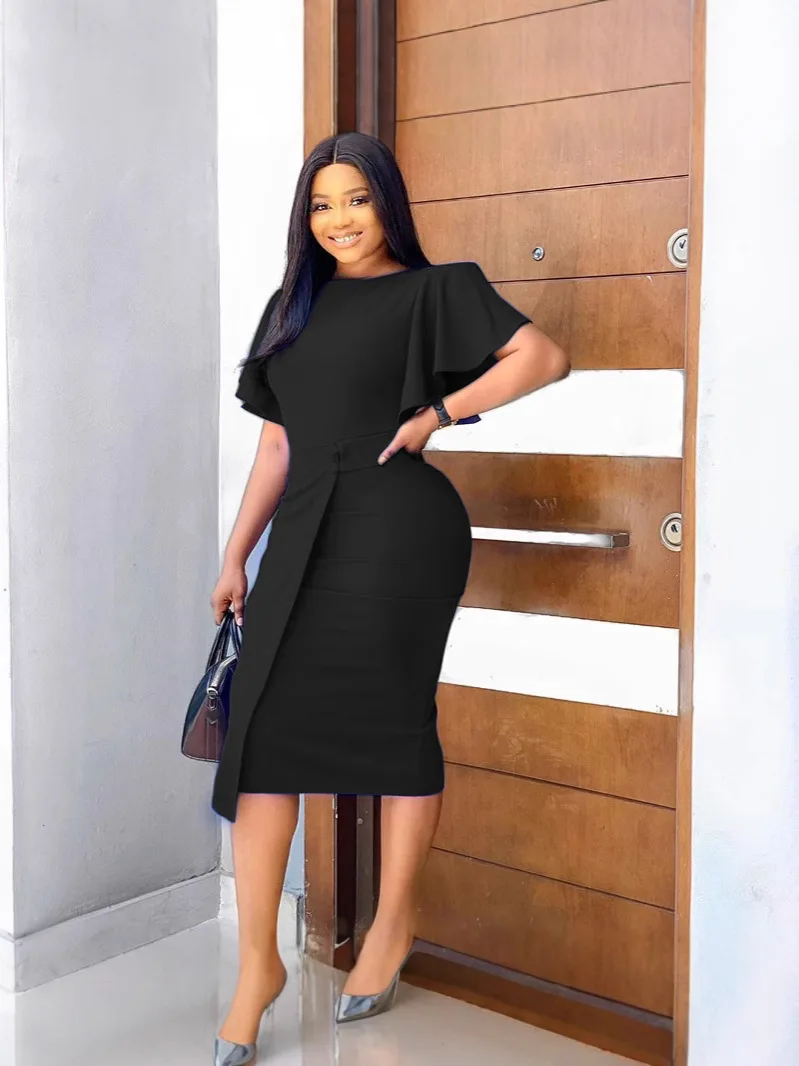 Women's High Waist Office Dress Lotus Leaf Sleeves New Summer Collection  Pure Color Commuting Casual Plus Size High Temperament| Alibaba.com