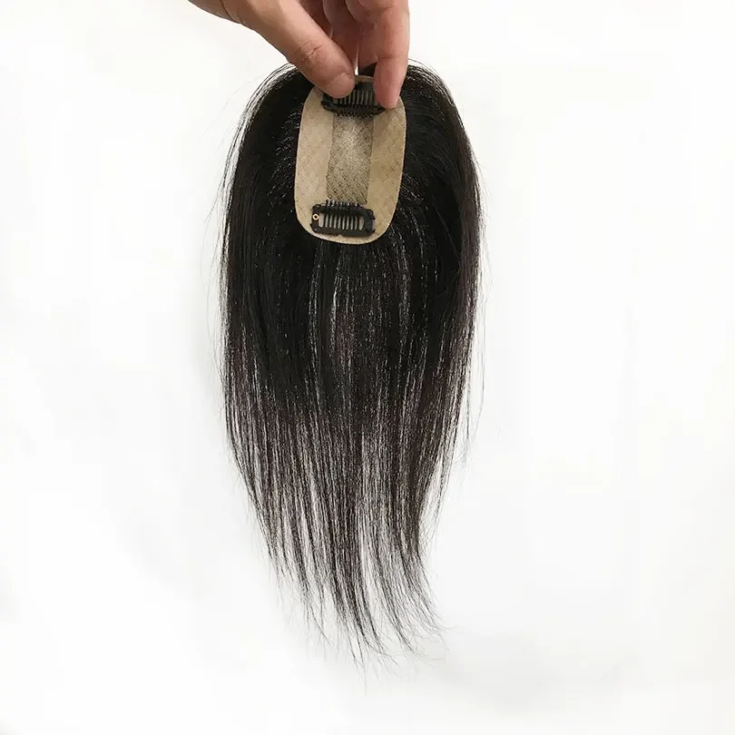 5x8cm Base en soie Femmes Topper 8-10 pouces Couleur noire naturelle Morceau de cheveux humains 2 clips pour cacher la ligne des cheveux_voghion.com