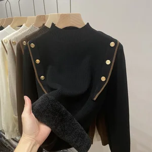 Women's Fleece Sweater Shirt Fashionable Long Sleeve Stringy Knitted Solid Casual for Women