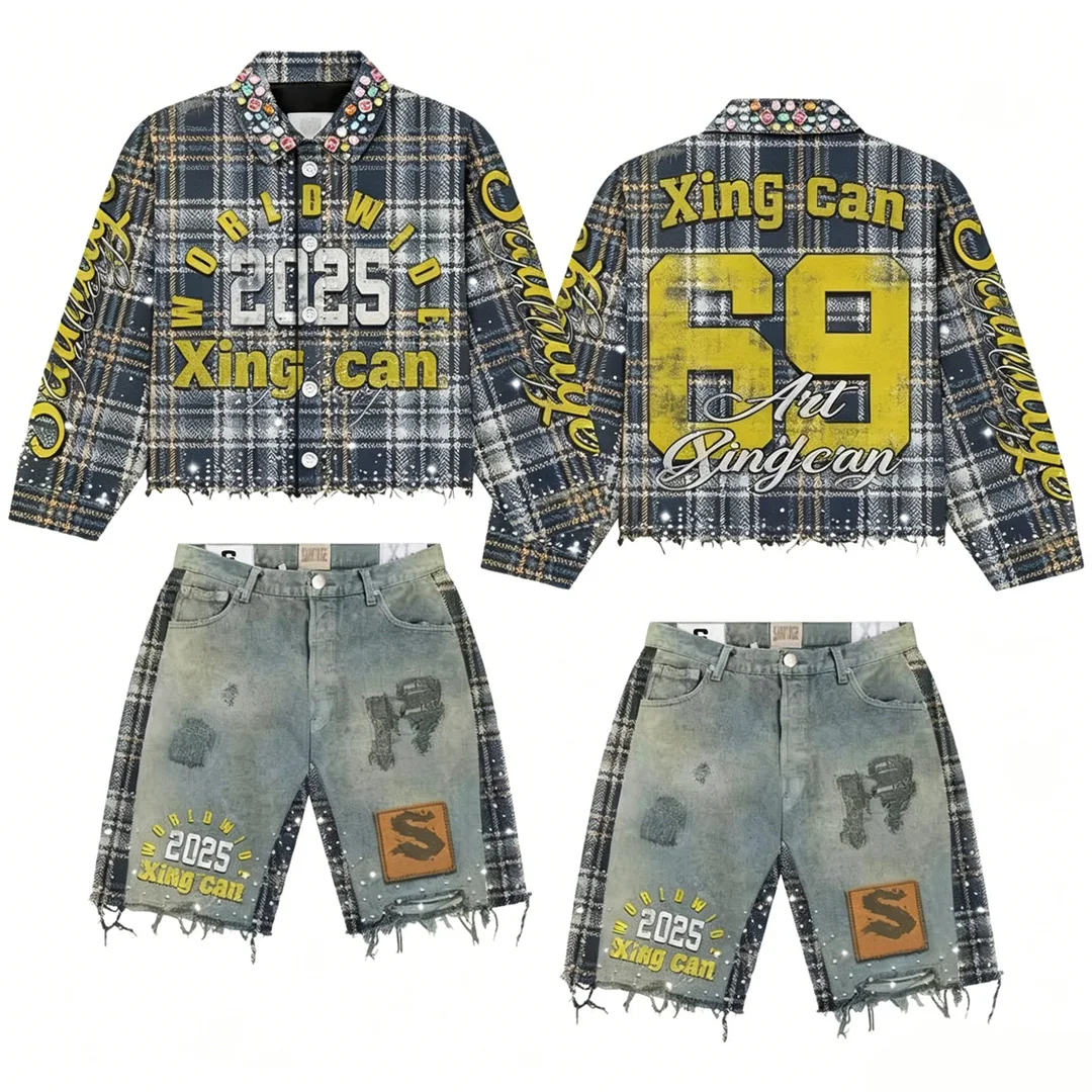 High-end tilpasset flanelsæt i 100 % ren bomuld (220 g), casual stil med ruter, varmefastgjorte strasssten og vasket finish – korte bukser og løst sidende bluse.