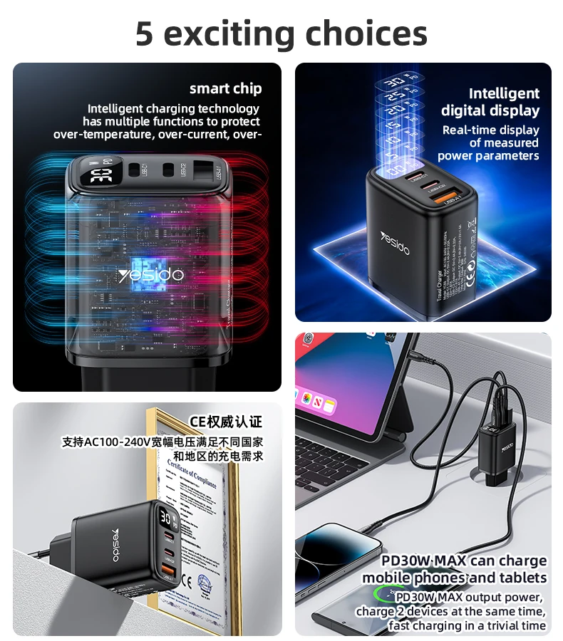 Yesido PD 30W Fast Charging 2*TC & USB Three Ports Smart Digital Display EU Standard Charger
