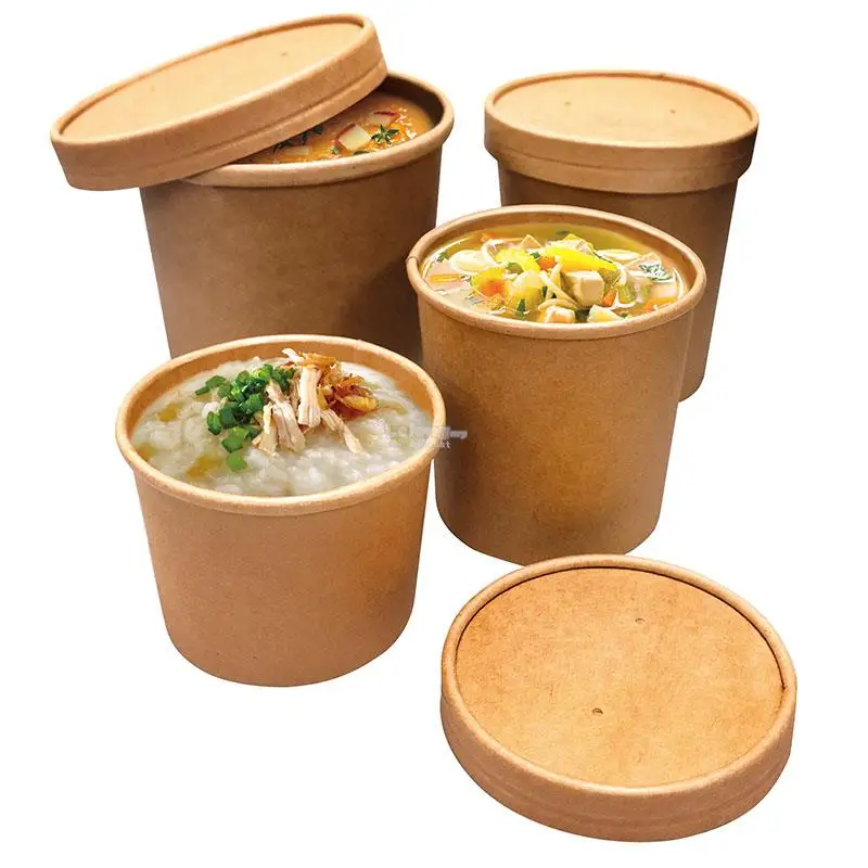 Compostable Soup Paper Bowl With Lid Brown Kraft Paper Salad Bowl Cup