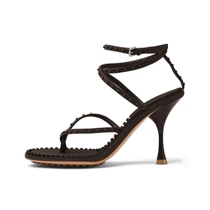 Women Brown Leather Studded Strappy Sandals Sculpted Stiletto Heel Luxury Evening Party Wedding Dress Shoes Comfort Wholesale