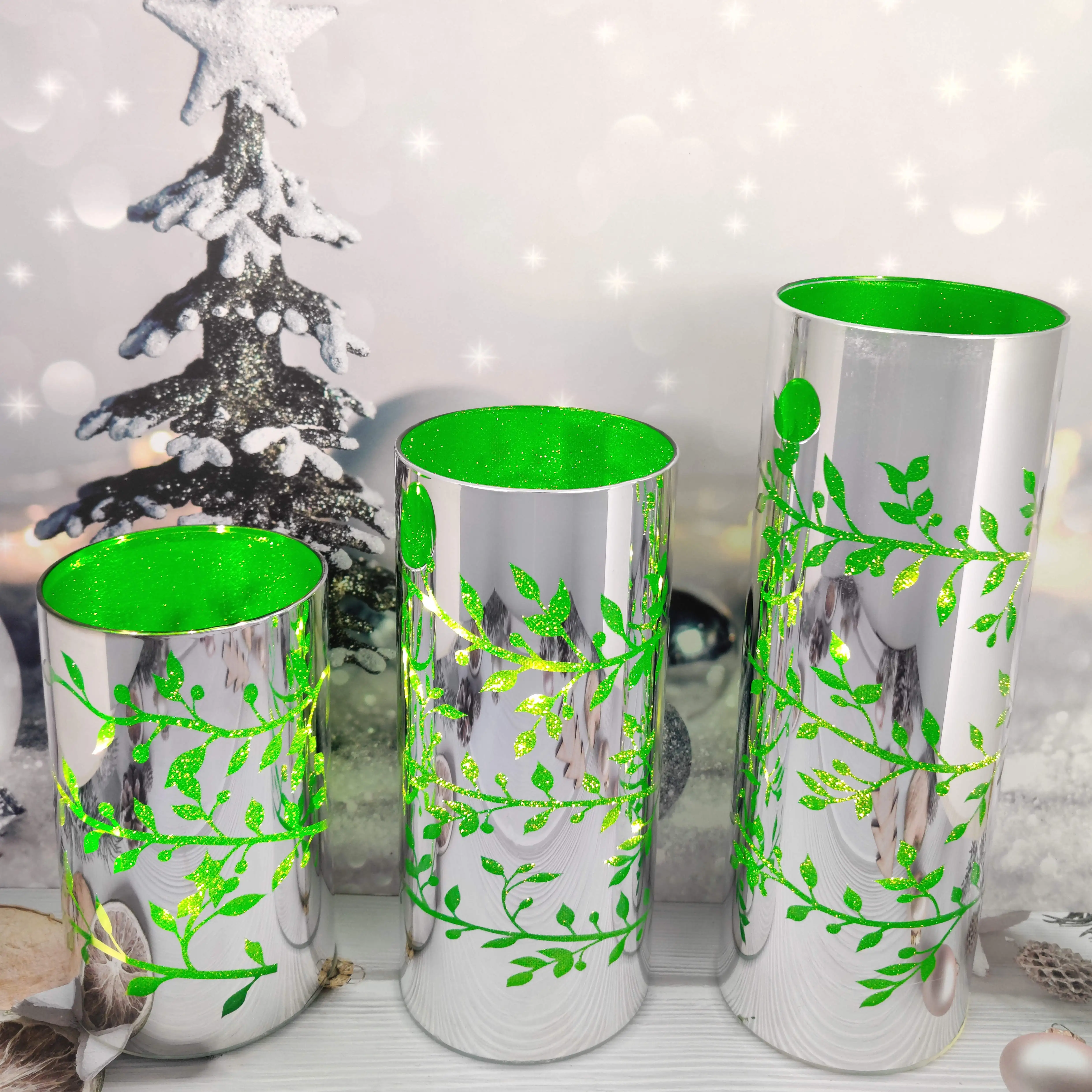 Battery operated led light up glass Christmas cylinder hurricane table decoration setting ideas details