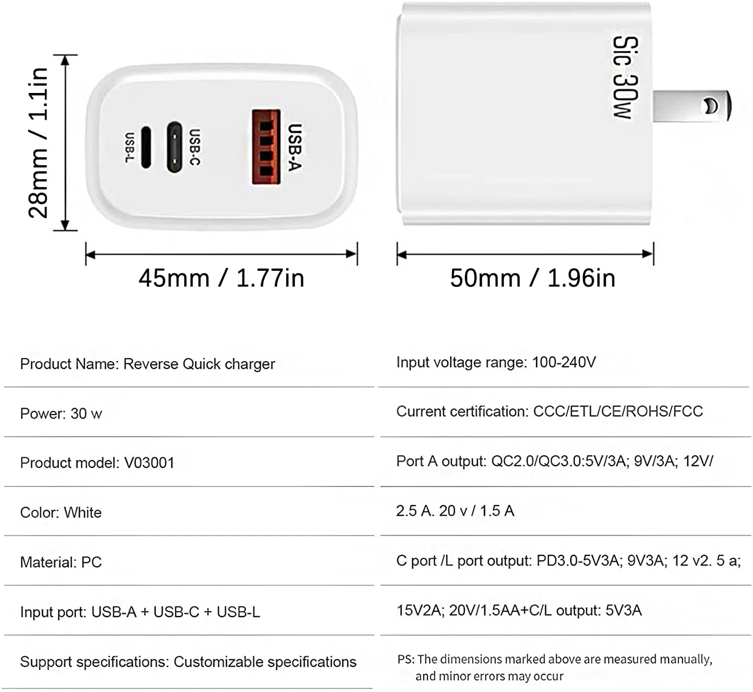 30w Usb C Power Charger Adapter Usb L+c+a 3-ports Lightning Reverse ...