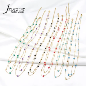Wholesale Fine Chain Stainless Steel Accessories Vintage Women Fashion Jewelry Rainbow Bead Necklace