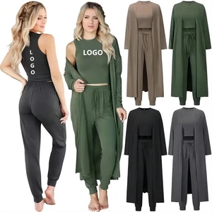 Poxiao New Spring Autumn Knitted 3 Pieces Comfortable Casual Workout Outfits Solid Color Pants Long Sleeve Coat Women's Sets