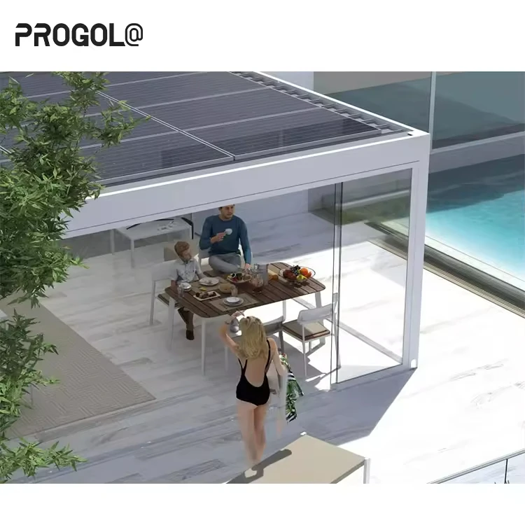 Solar Panel Pergola with Louvered Roof Aluminum Garden Gazebo Wooden Frame Outdoor Arch for Outdoor Living