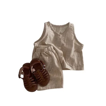 Korean Version Unisex Thin Cotton Plaid Vest Shorts Set Casual Outfit for Boys and Girls Toddlers Kids Plaid Pattern Baby Suit