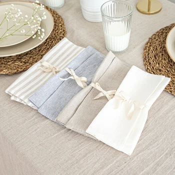 Solid color Knife and Fork Bags storage for Dining table custom LOGO Linen Pouch Pure Linen Cutlery Roll Holder Bags for Table